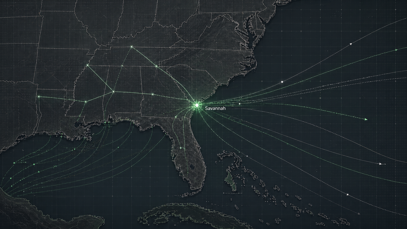 Southeastern United States trade routes centered on Savannah, Georgia